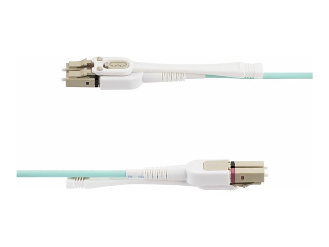 StarTech.com 8m (26ft) LC to LC (UPC) OM4 Multimode Fiber Optic Cable w/Push Pull Tabs, 50/125µm, 100G Networks, Bend Insensitive, Low Insertion Loss - LSZH Fiber Patch Cord (450FBLCLC8PP) - Patch cable - LC/UPC multi-mode (M) to LC/UPC multi-mode (M) - 8 m - 2.9 mm - fibre optic - duplex - 50 / 125 micron - OM3/OM4 - halogen-free, up to 100 Gbps data transfer rate, molded - aqua