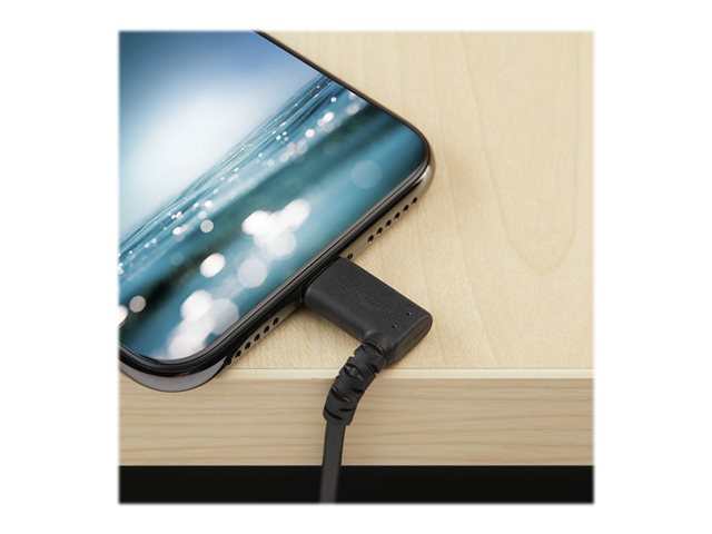 StarTech.com 3ft (1m) Durable USB A to Lightning Cable, Black 90° Right Angled Heavy Duty Rugged Aramid Fiber USB Type A to Lightning Charging/Sync Cord, Apple MFi Certified, iPhone 12 Pro - iPhone 7/8/11/11 Pro - Lightning cable - Lightning male angled to USB male - 1 m - double shielded - black