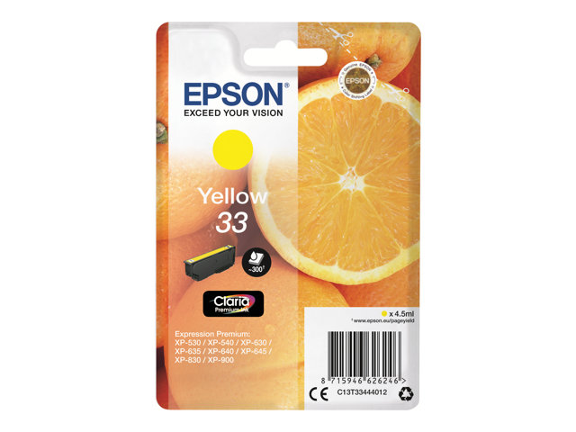 Epson 33 - 4.5 ml - yellow - original - blister - ink cartridge - for Expression Home XP-635, 830, Expression Premium XP-530, 540, 630, 635, 640, 645, 830, 900
