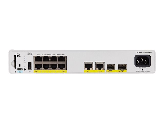 Cisco Catalyst 9200CX - Network Advantage - switch - compact - L3 - Managed - 8 x 10/100/1000 (PoE+) + 2 x 1000Base-T + 2 x 10 Gigabit SFP+ (uplink) - rack-mountable - PoE+ (240 W)