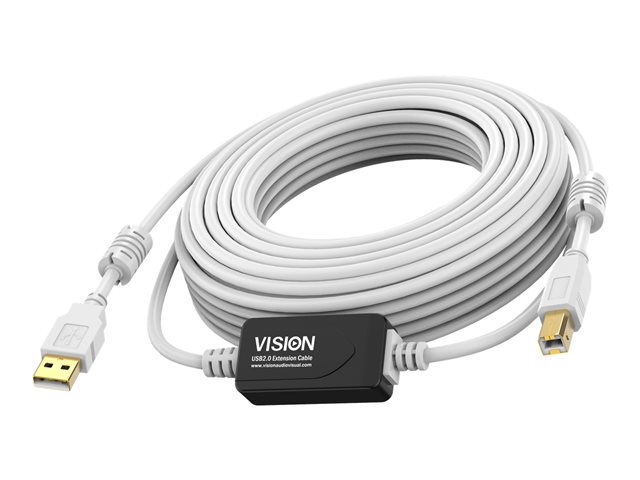 VISION Professional installation-grade USB 2.0 active cable - LIFETIME WARRANTY - in-line booster half way along cable - gold plated connectors - ferrite cores both ends - bandwidth 480mbit/s - USB-A (M) to USB-B (M) - diameter 4.8 mm - 28+24 AWG - 15 m - white