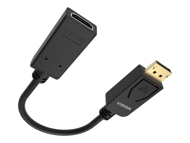 VISION Professional installation-grade DisplayPort to HDMI adaptor - LIFETIME WARRANTY - 4K 60Hz - DP version 1.3 - gold connectors - HDMI 2.0 - does not convert HDMI to DP - hotplug - DP (M) to HDMI (F) - outer diameter 5.5 mm - 30 AWG - overall length 225 mm - black