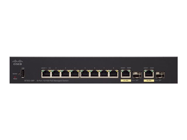 Cisco Small Business SF352-08P - Switch - L3 - Managed - 8 x 10/100 (PoE+) + 2 x combo Gigabit SFP - desktop - PoE+ (62 W)