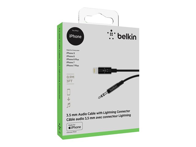Belkin - Lightning to headphone jack cable - Lightning male to mini-phone stereo 3.5 mm male - 91.4 cm - black