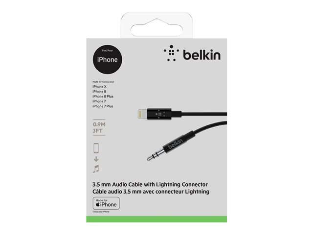 Belkin - Lightning to headphone jack cable - Lightning male to mini-phone stereo 3.5 mm male - 91.4 cm - black