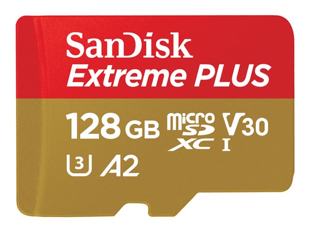 SanDisk Extreme PLUS - Flash memory card (microSDXC to SD adapter included) - 128 GB - A2 / Video Class V30 / UHS-I U3 / Class10 - microSDXC UHS-I