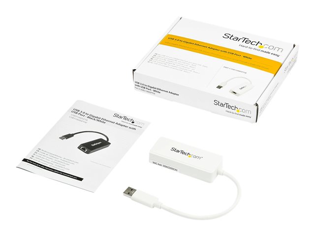 StarTech.com USB 3.0 to Gigabit Ethernet Adapter NIC w/ USB Port (White) - USB 3.0 NIC - 10/100/1000 Mbps USB 3.0 LAN Adapter (USB31000SPTW) - Network adapter - USB 3.0 - Gigabit Ethernet - white