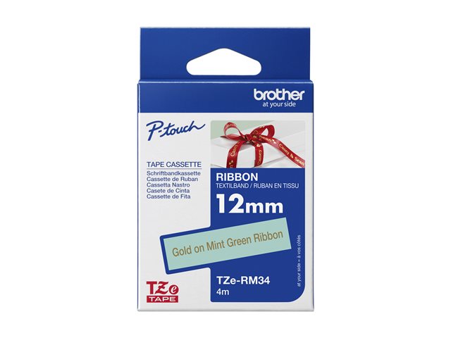 Brother TZe-RM34 - Satin - gold on mint green - Roll (1.2 cm x 4 m) 1 cassette(s) ribbon tape - for P-Touch PT-E310BTVP, P-Touch Embellish
