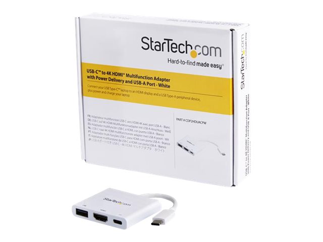 StarTech.com USB-C to HDMI Adapter - White - 4K 30Hz - Thunderbolt 3 Compatible - with Power Delivery (USB PD) - USB C Dongle (CDP2HDUACPW) - Adapter - 24 pin USB-C male to HDMI, USB Type A, 24 pin USB-C female - 60 mm - white - 4K support, USB Power Delivery (60W)