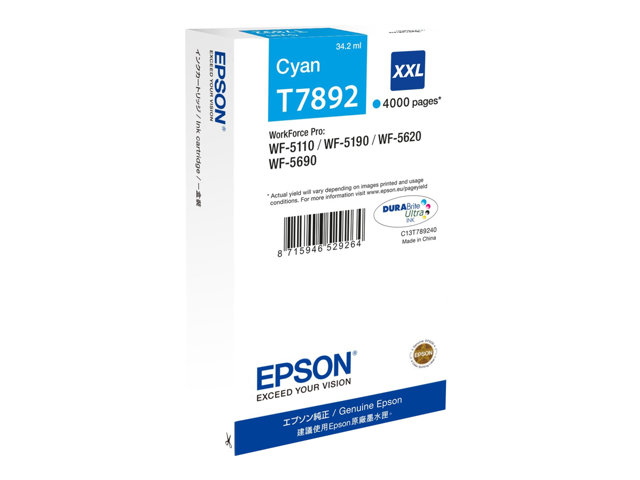 Epson T7892 - 34.2 ml - XXL size - cyan - original - ink cartridge - for WorkForce Pro WF-5110DW, WF-5190DW, WF-5190DW BAM, WF-5620DWF, WF-5690DWF, WF-5690DWF BAM