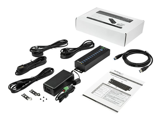 StarTech.com 10 Port USB Hub with Power Adapter, Surge Protection, Metal Industrial USB 3.0 Data Transfer Hub, Din Rail, Wall or Desk Mountable, High Speed USB 3.1/ USB 3.2 Gen 1 5Gbps Hub - Windows/macOS/Linux (HB30A10AME) - Hub - 10 x USB 3.2 Gen 1 - DIN rail mountable, wall-mountable - TAA Compliant - for P/N: ITB20D3250