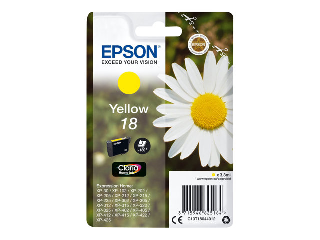 Epson 18 - 3.3 ml - yellow - original - ink cartridge - for Expression Home XP-212, 215, 225, 312, 315, 322, 325, 412, 415, 422, 425