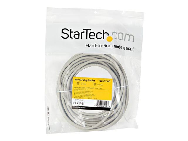 StarTech.com 10m CAT6A Ethernet Cable, 10 Gigabit Shielded Snagless RJ45 100W PoE Patch Cord, CAT 6A 10GbE STP Network Cable w/Strain Relief, Grey, Fluke Tested/UL Certified Wiring/TIA - Category 6A - 26AWG (6ASPAT10MGR) - Patch cable - RJ-45 (M) to RJ-45 (M) - 10 m - STP - CAT 6a - molded, snagless - grey