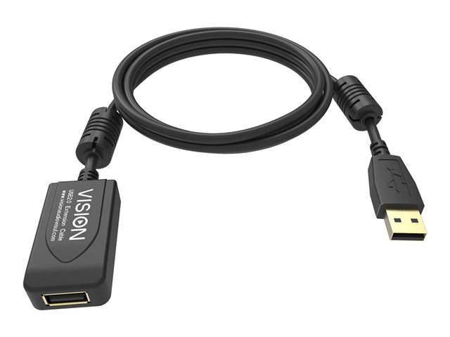 VISION installation-grade USB 2.0 active extension cable - LIFETIME WARRANTY - ferrite cores - 480mbit/s - over 65% coverage braided shield - USB-A (F) to USB-A (M) - outer diameter 4.5 mm - 28+24 AWG - 5 m - black