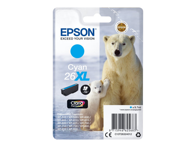 Epson 26XL - 8.7 ml - XL - cyan - original - blister - ink cartridge - for Expression Premium XP-510, 520, 600, 605, 610, 615, 620, 625, 700, 710, 720, 800, 810, 820