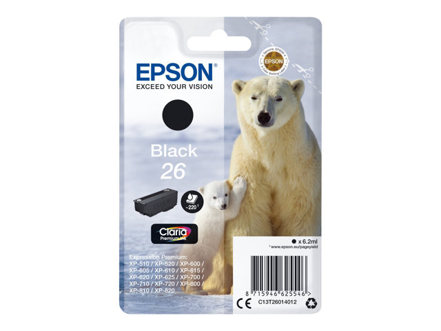 Epson 26 - 6.2 ml - black - original - blister with RF/acoustic alarm - ink cartridge - for Expression Premium XP-510, 520, 600, 605, 610, 615, 620, 625, 700, 710, 720, 800, 810, 820