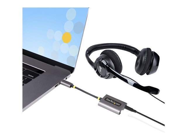 StarTech.com USB-C Headphone Splitter, USB Type C Dual Headset Adapter w/Microphone Input, USB C to 3.5mm Adapter/Earphone Dongle, USB C to Audio Jack/Aux Output - Mic and Headset Controls, Built-in 24-bit DAC (USBC-AUDIO-SPLITTER) - Audio splitter - 24 pin USB-C male straight to mini jack female straight - 7 cm - black, space grey
