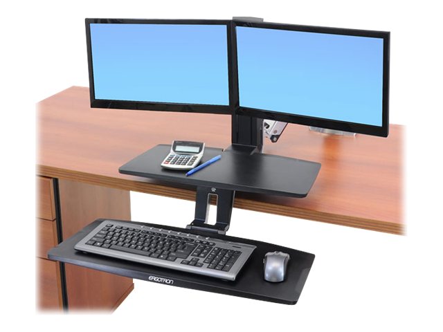 Ergotron WorkFit-A with Suspended Keyboard, Dual - Stand (tray, fasteners, desk clamp mount, grommet mount, pivot, swing arm, crossbar) for 2 LCD displays / keyboard - black, polished aluminium - screen size: up to 24\"
