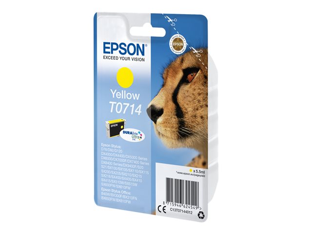 Epson T0714 - 5.5 ml - yellow - original - ink cartridge - for Stylus DX9400, SX115, SX210, SX215, SX218, SX415, SX515, SX610, Stylus Office BX310, BX610