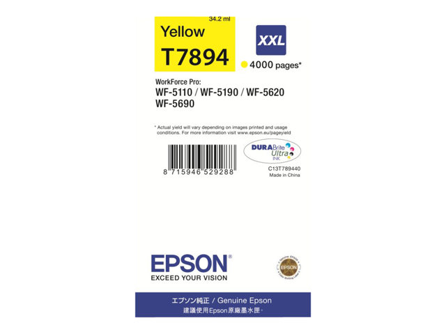 Epson T7894 - 34.2 ml - XXL size - yellow - original - ink cartridge - for WorkForce Pro WF-5110DW, WF-5190DW, WF-5190DW BAM, WF-5620DWF, WF-5690DWF, WF-5690DWF BAM