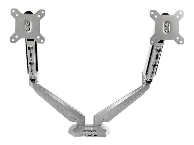 StarTech.com Desk Mount Dual Monitor Arm with USB & Audio, Grommet/Desk Clamp VESA Mount for up to 32 inch Displays, 2x USB, 2x 3.5mm audio, Ergonomic Full Motion Dual Monitor Arm, Silver - One-touch Adjustment (ARMSLIMDUOS) - Mounting kit - adjustable arm - for 2 monitors - aluminium - black - screen size: 15\"-32\" - desk-mountable