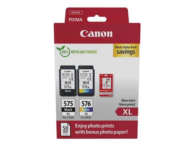 Canon PG-575XL/CL-576XL Photo Paper Value Pack - 2-pack - High Yield - black, colour (cyan, magenta, yellow) - original - hanging box - ink cartridge / paper kit - for PIXMA TR4750i, TR4751i, TR4755i, TS3550i, TS3551i