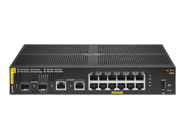 HPE Aruba 6100 12G Class4 PoE 2G/2SFP+ 139W Switch - Switch - Managed - 12 x 10/100/1000 (PoE+) + 2 x 1 Gigabit / 10 Gigabit SFP+ + 2 x 1000Base-T - rack-mountable - PoE+ (139 W)