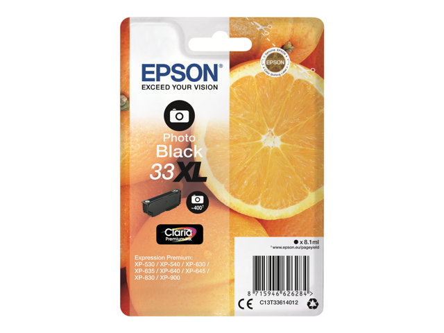 Epson 33XL - 8.1 ml - XL - photo black - original - blister - ink cartridge - for Expression Home XP-635, 830, Expression Premium XP-530, 540, 630, 635, 640, 645, 830, 900