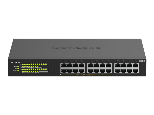 NETGEAR GS324P - Switch - unmanaged - 16 x 10/100/1000 (PoE+) + 8 x 10/100/1000 - rack-mountable, desktop - PoE+ (190 W)