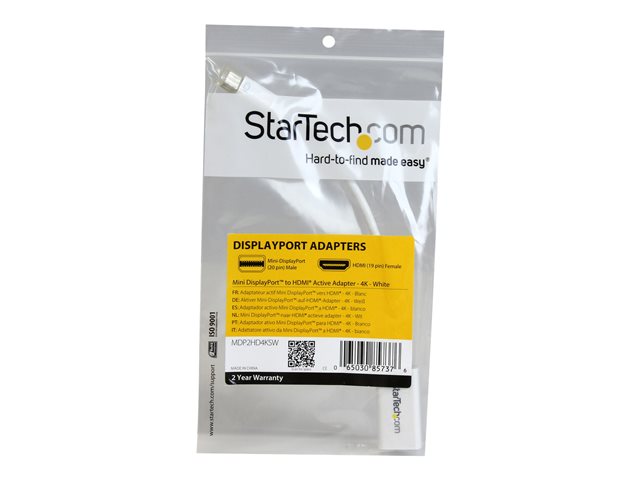 StarTech.com Mini DisplayPort to HDMI 4K Audio / Video Converter - mDP 1.2 to HDMI Active Adapter for MacBook Pro/Air - 4K @ 30Hz - White (MDP2HD4KSW) - Adapter - Mini DisplayPort male to HDMI female - 15 cm - white - active, 4K30Hz (3840 x 2160) support