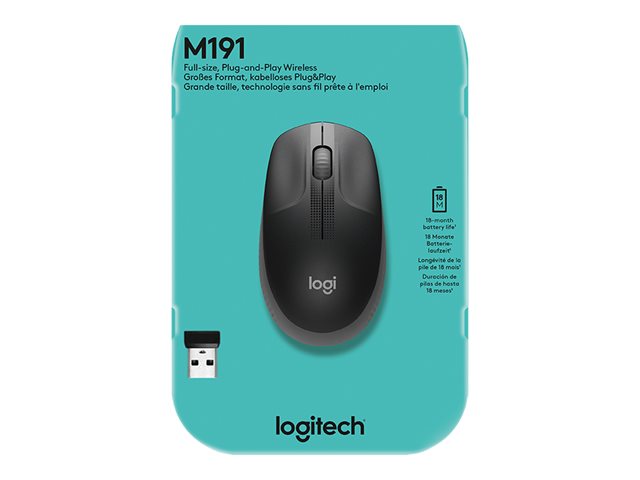 Logitech M190 - Mouse - optical - 3 buttons - wireless - USB wireless receiver - charcoal