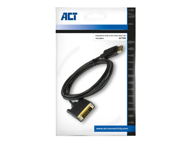 ACT - Adapterkabel - DisplayPort (M) vergrendeling naar DVI-D (M) - DisplayPort 1.1 - 1.8 m - gevormd, duimschroeven, 1920 x 1080 bij 60 Hz-ondersteuning - zwart