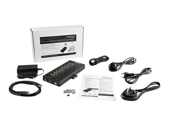 StarTech.com 8 Port Serial Hub USB to RS232/RS485/RS422 Adapter, Industrial USB 2.0 to DB9 Serial Converter Hub, IP30 Rated, Din Rail Mountable Metal Serial Hub, 15kV ESD Protection - 6ft Locking Cable Incl - Serial adapter - USB 2.0 - RS-232/422/485 x 8 - black - TAA Compliant