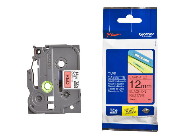 Brother TZe-431 - Black on red - Roll (1.2 cm x 8 m) 1 cassette(s) laminated tape - for Brother PT-P750, P950, P-Touch PT-E310, P-Touch Cube PT-P300, P-Touch Cube Pro PT-P910