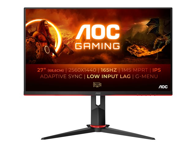 AOC Gaming Q27G2S - G2 Series - LED monitor - gaming - 27" - 2560 x 1440 QHD @ 165 Hz - IPS - 350 cd/m² - 1000:1 - 1 ms - 2xHDMI, DisplayPort - matte black front, matte black/red back side