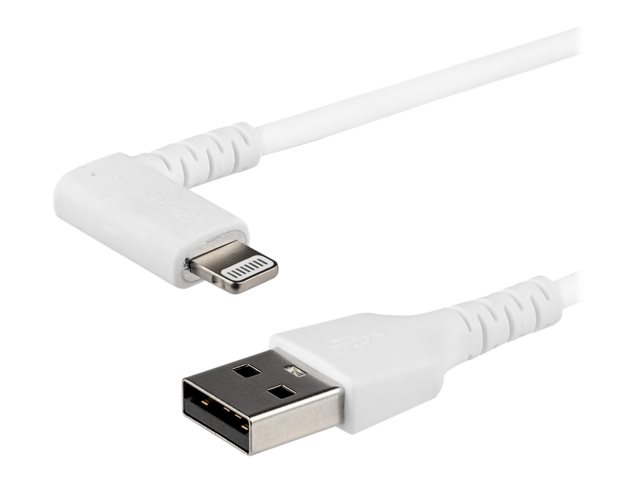 StarTech.com 3ft (1m) Durable USB A to Lightning Cable, White 90° Right Angled Heavy Duty Rugged Aramid Fiber USB Type A to Lightning Charging/Sync Cord, Apple MFi Certified, iPhone 12 Pro - iPhone 7/8/11/11 Pro - Lightning cable - Lightning male angled to USB male - 1 m - double shielded - white