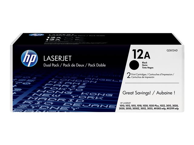 HP 12A - 2-pack - black - original - LaserJet - toner cartridge (Q2612AD) - for LaserJet 10XX, 30XX, M1005, M1319