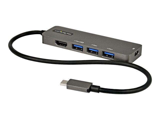 StarTech.com USB C Multiport Adapter, USB-C to HDMI 2.0b 4K 60Hz (HDR10), 100W Power Delivery Pass-Through, 4-Port 5Gbps USB 3.0 Hub, USB Type-C Mini Dock, with 12\" (30cm) Attached Cable - Thunderbolt 3 Compatible (DKT30CHPD3) - Docking station - USB-C - HDMI