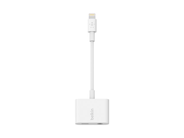Belkin 3.5 mm Audio + Charge RockStar - Lightning to headphone jack / charging adapter - Lightning male to 4-pole mini jack, Lightning female - white