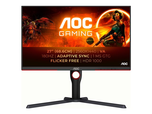 AOC Gaming Q27G3XMN/BK - LED monitor - gaming - 27\" - 2560 x 1440 QHD @ 180 Hz - VA - 700 cd/m² - 4000:1 - DisplayHDR 1000 - 1 ms - HDMI, DisplayPort - black