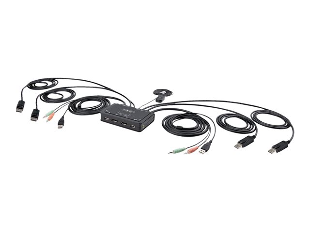 StarTech.com 2-Port Dual-Monitor DisplayPort Cable KVM Switch, 4K 60Hz, Compact KVM with 5ft/1.5m USB-A/DisplayPort/Audio Integrated Cables, Bus Powered - Remote Push Button/Hotkey Switching (C2-DD46-UA2-CBL-KVM) - KVM / audio / USB switch - compact