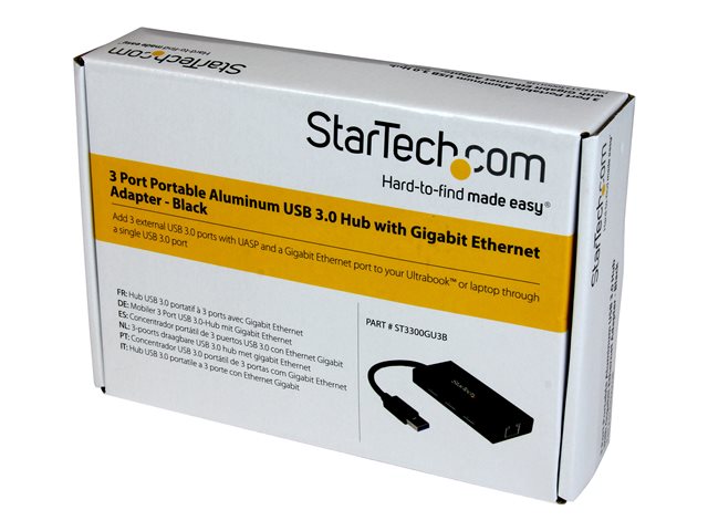 StarTech.com USB 3.0 Hub with Gigabit Ethernet Adapter - 3 Port - NIC - USB Network / LAN Adapter - Windows & Mac Compatible (ST3300GU3B) - Hub - 3 x SuperSpeed USB 3.0 + 1 x 10/100/1000 - desktop - for P/N: PEXUSB3S2EI, PEXUSB3S42, PEXUSB3S7, SVA5H2NEUA