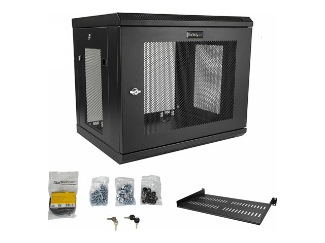 StarTech.com 2 Post 9U 19\" Wall Mount Network Cabinet, Adjustable Depth 6-15\" Locking IT Switch Depth Enclosure, Vented Computer/Electronics Equipment Data Rack w/ Shelf + Hook & Loop Tape - 19 Inch Wall Cabinet (RK9WALM) - Rack enclosure cabinet - wall mountable - black - 9U