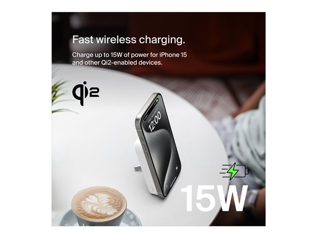 Belkin - Wireless power bank - magnetic with Qi2 - 8000 mAh - 15 Watt - Fast Charge (24 pin USB-C) - on cable: USB-C - white