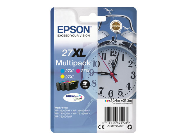 Epson 27XL Multipack - 3-pack - 31.2 ml - XL - yellow, cyan, magenta - original - ink cartridge - for WorkForce WF-3620, WF-3640, WF-7110, WF-7210, WF-7610, WF-7620, WF-7710, WF-7715, WF-7720