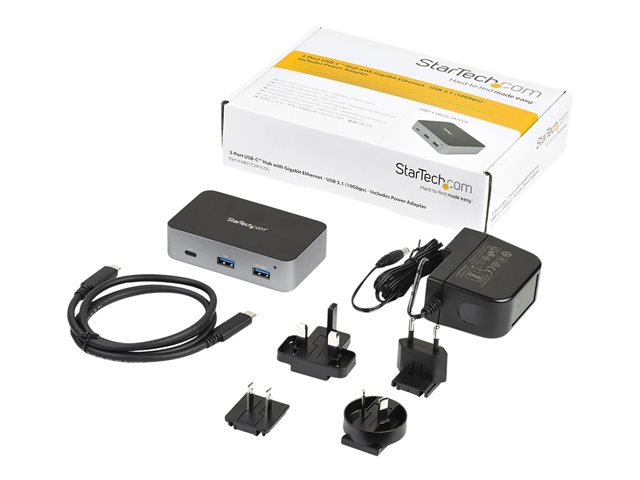 StarTech.com 3 Port USB C 3.1 Gen 2 Hub with Ethernet Adapter, 10Gbps USB Type C to 2x USB-A & 1x USB-C Ports, USB Hub w/ BC 1.2 Phone Fast Charging, Superspeed 10Gbps USB C Hub with GbE - Windows/macOS/Linux - Hub - 1 x USB-C + 2 x USB 3.1 + 1 x 10/100/1000 - desktop - AC 110/240 V - for P/N: PEXUSB321C