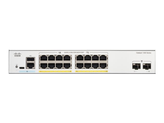 Cisco Catalyst 1300-16FP-2G - Switch - L3 - Managed - 16 x 10/100/1000 (PoE+) + 2 x Gigabit Ethernet SFP - rack-mountable - PoE+ (240 W)