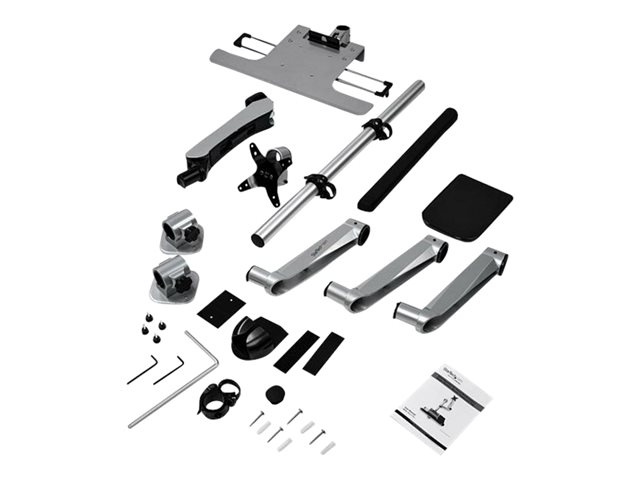 StarTech.com Wall Mount Workstation, Articulating Standing Desk w/ Ergonomic Height Adjustable Dual Monitor Arm u0026 Keyboard Tray, 2x 30" VESA Displays, Foldable Wall Mounted Sit Stand Desk - Foldable Standing Desk (WALLSTSI2) - Mounting kit (pole, mouse holder, wrist rest, wall mount bracket, keyboard tray, 2 display brackets, 2 x spring arms, 2 x swivel arms with logo, monitor shoulder, wall mount bracket with lock plate, 2 x swivel arms, mouse tray, mouse tray fixed plate, EVA mouse pad) - for 2 LCD displays / keyboard / mouse - plastic, aluminium, steel - silver - screen size: 13"-30" - wall-mountable - TAA Compliant