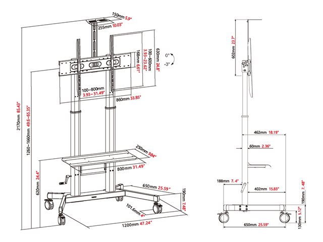 VISION Professional Display Floor Stand - LIFETIME WARRANTY - Steel Cart fits display 55-100\" with VESA sizes up to 800 x 600 - Crank handle adjusts height - Tilt adjustment - Large shelf for laptop or video bar included - VC shelf included - 100 mm