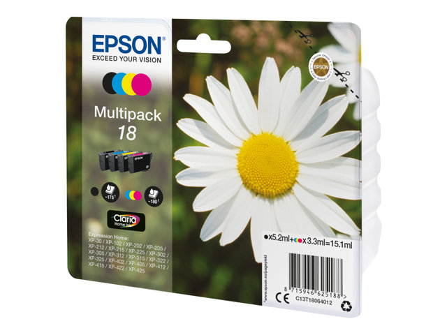 Epson 18 Multipack - 4-pack - 15.1 ml - black, yellow, cyan, magenta - original - blister with RF/acoustic alarm - ink cartridge - for Expression Home XP-212, 215, 225, 312, 315, 322, 325, 412, 415, 422, 425